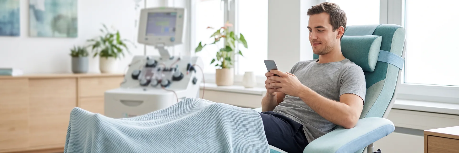 Ein Spender liegt entspannt im Spendesessel und schaut auf sein Handy, daneben der Zellseparator